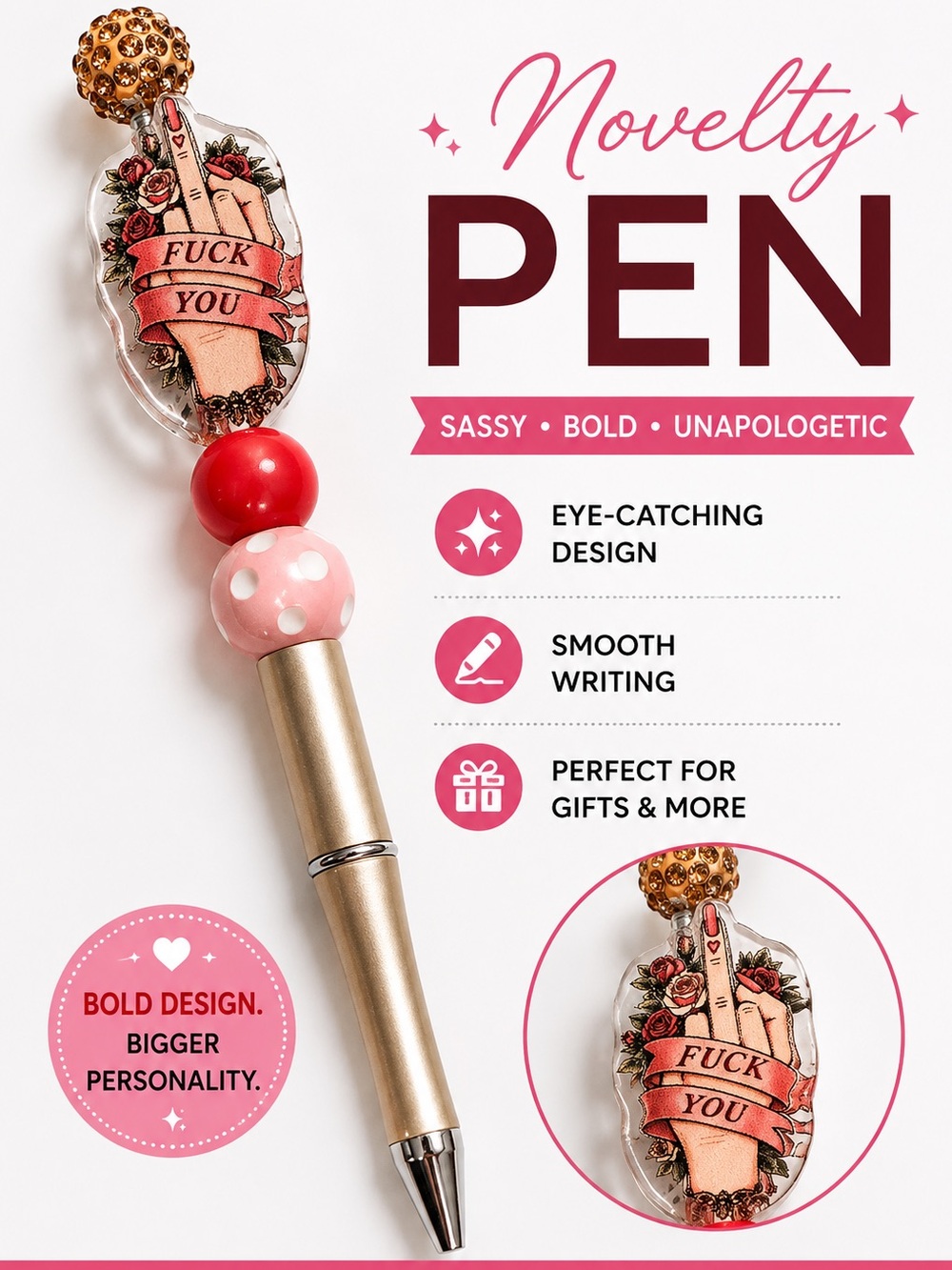 F YOU Gold and Pink Decorative Women’s Pen with Red Accent